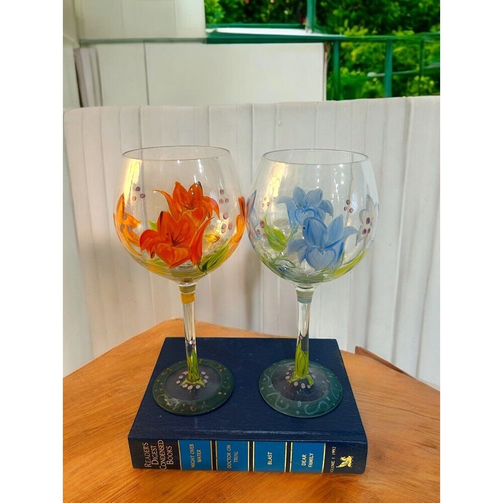 Vtg Hand Painted Coordinating Floral Wine Glasses Goblets Set Of 2